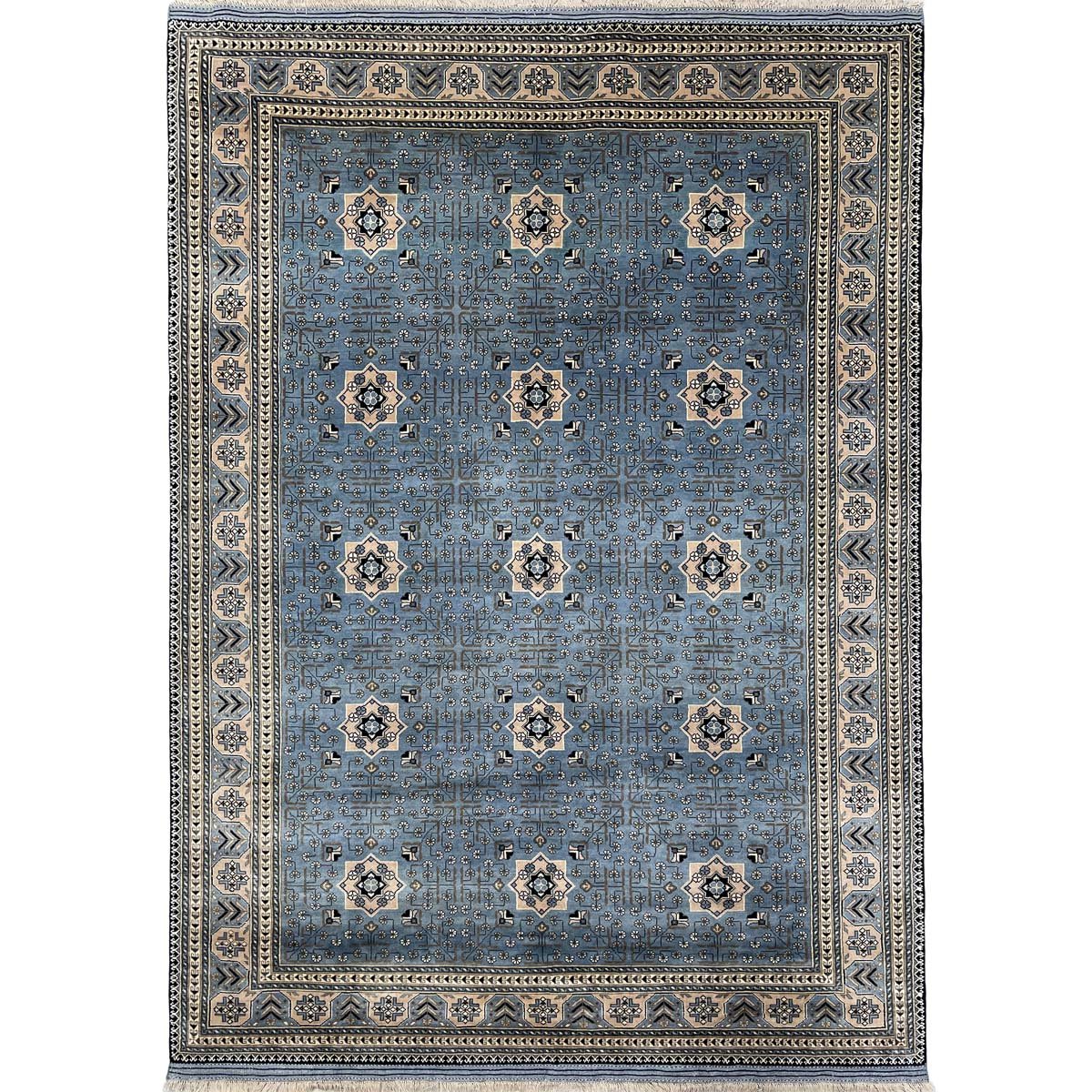 Tapis afghan en laine « Khal Mohammadi » bleu, tissé à la main (205 x 295 cm)