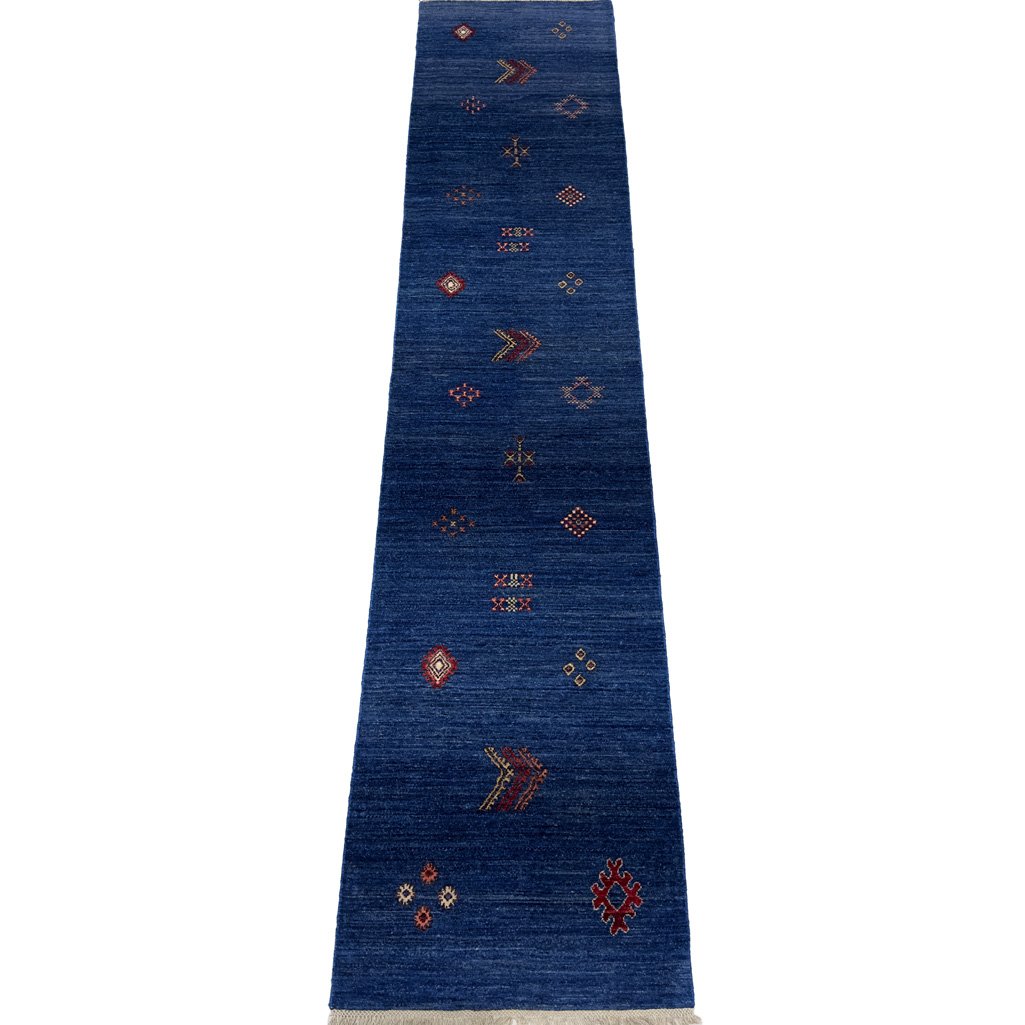 Hand-Woven Blue Modern Wool Runner Rug (85x390 cm)