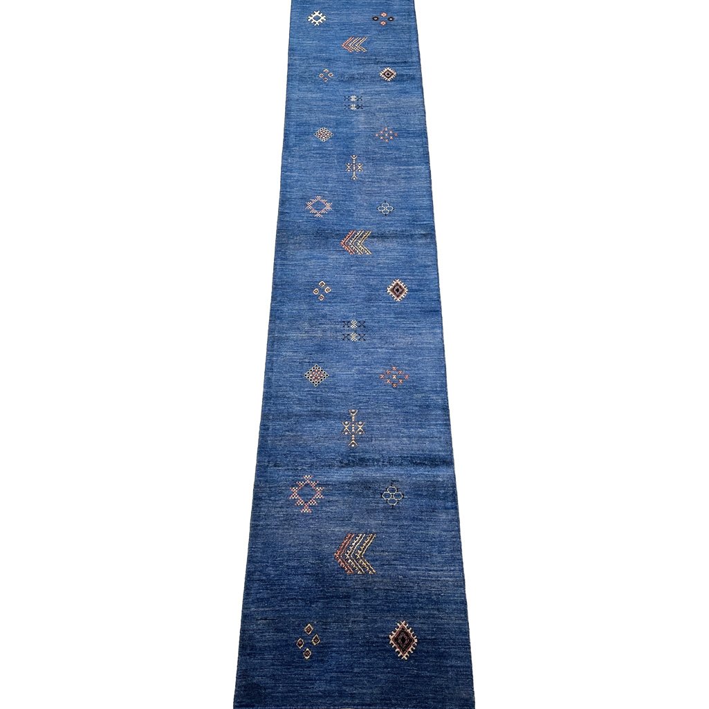 Hand-Woven Blue Modern Wool Runner Rug (80x420 cm)