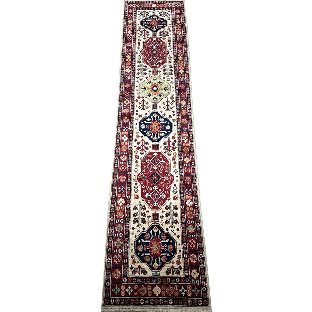 Tapis de passage tribal afghan en laine, tissé à la main (80 x 390 cm)