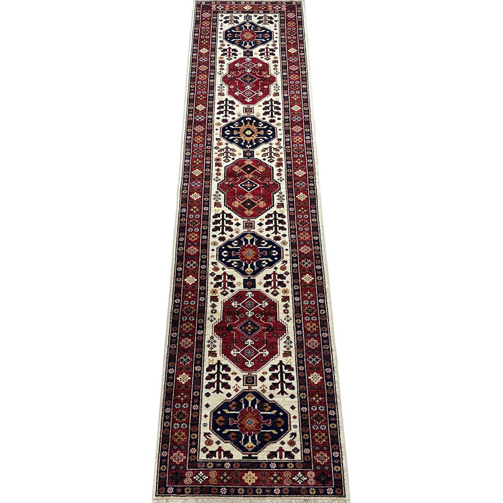 Tapis de passage tribal afghan en laine tissé à la main (90 x 390 cm)