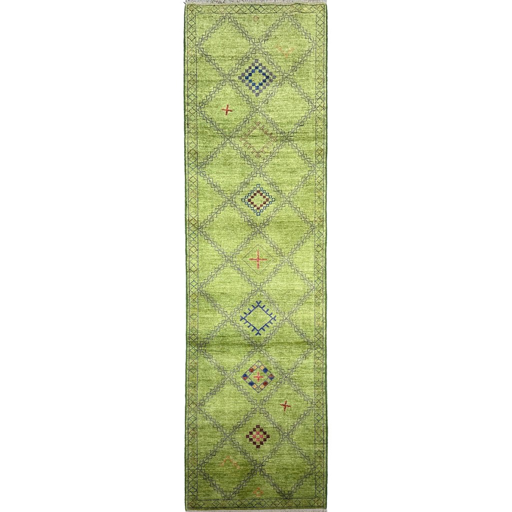Tapis de passage moderne en laine verte, tissé à la main (80 x 300 cm)