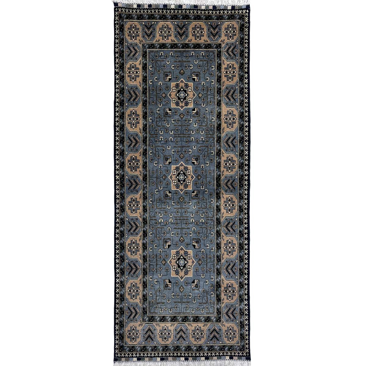 Hand-Woven Blue Afghan Khal Mohammadi Wool Runner Rug (90x200 cm)