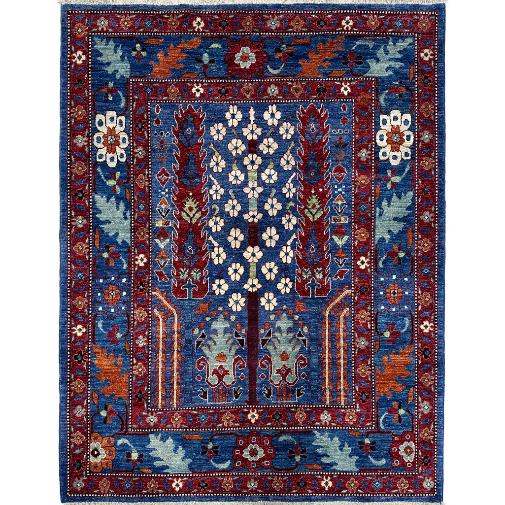 Hand-Woven Blue Tree Motif Afghan Tribal Wool Rug (155x185 cm)