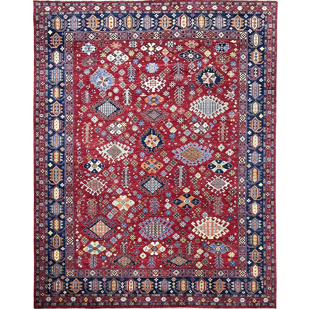 Tapis persan Qashqai en laine rouge, tissé à la main (270 x 360 cm)