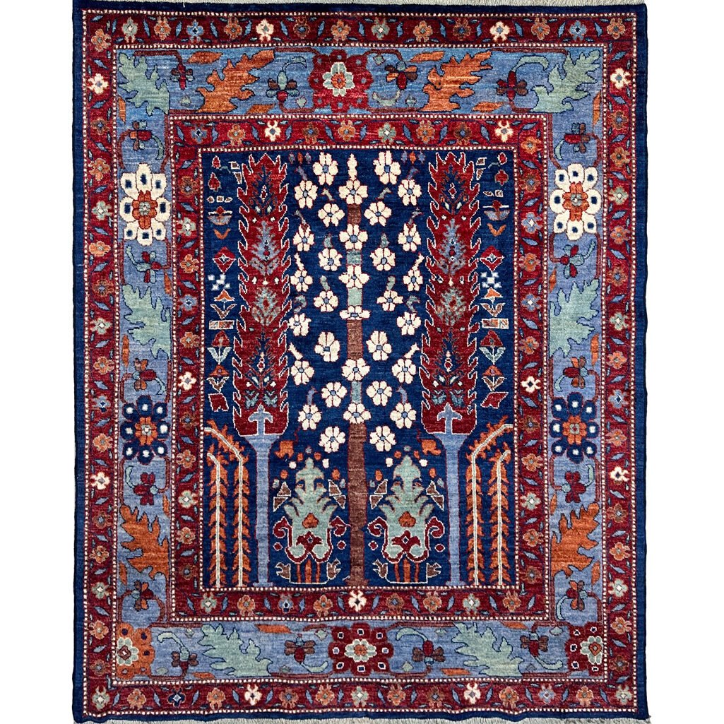 Hand-Woven Blue Tree Motif Afghan Tribal Wool Rug (155x185 cm)