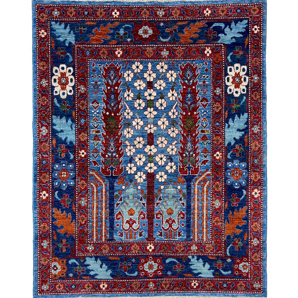 Hand-Woven Blue Tree Motif Afghan Tribal Wool Rug (155x185 cm)