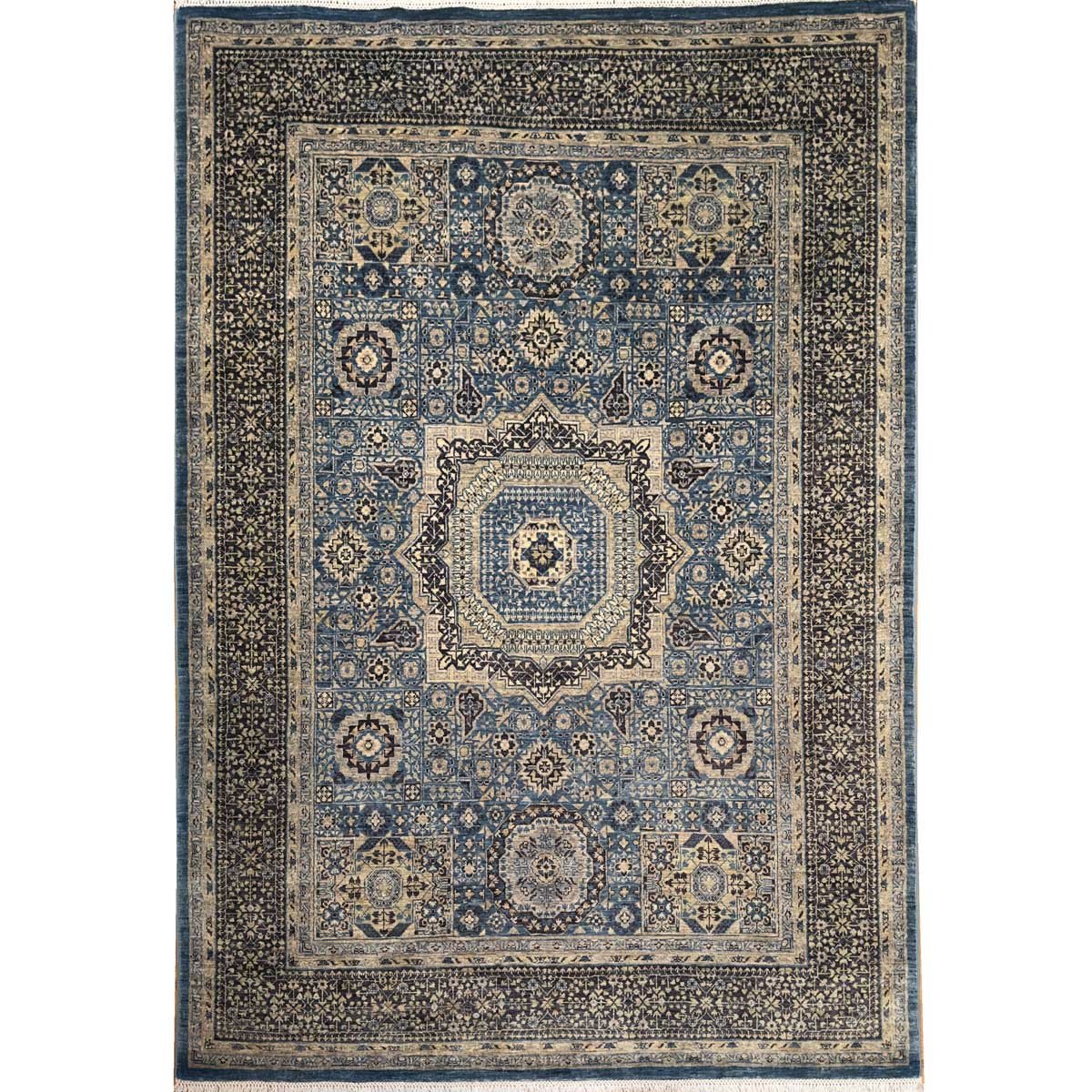 Tapis en laine mamelouk bleu haut de gamme, tissé à la main (150 x 210 cm)