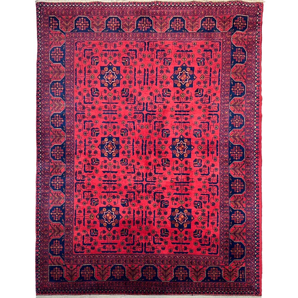 Hand-Woven Star Patterned Red Afghan Wool Rug (150x205 cm)