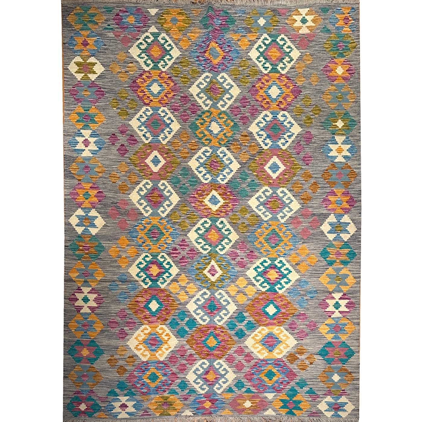 Kilim en laine tissé à la main, aux motifs anatoliens (210 x 300 cm)