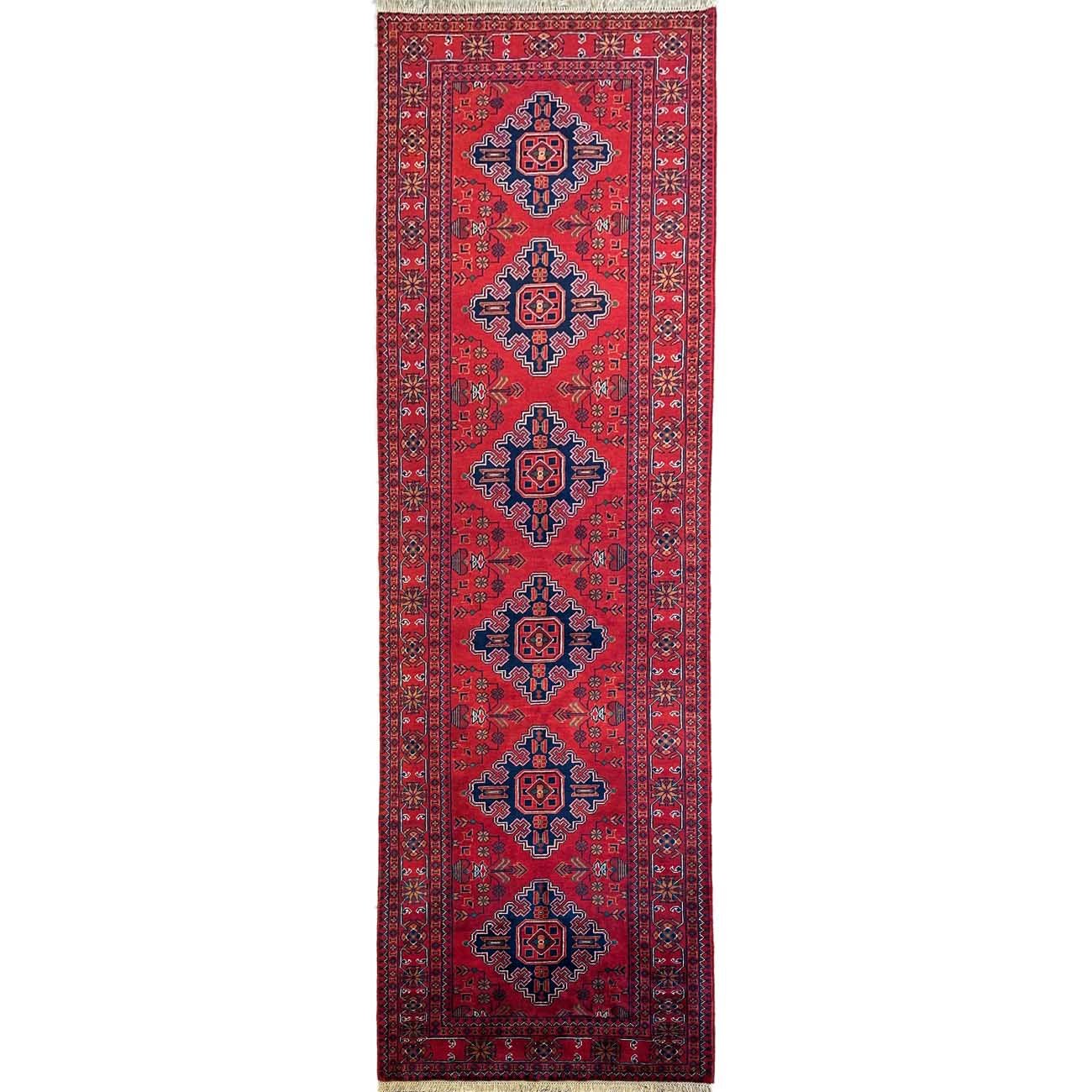 Hand-Woven Red Afghan Wool Runner Rug (85x300 cm)