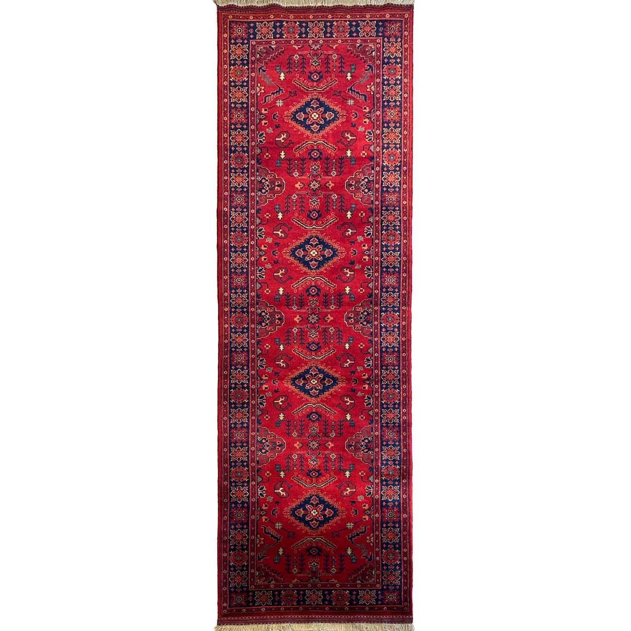 Hand-Woven Red Afghan Wool Runner Rug (85x300 cm)