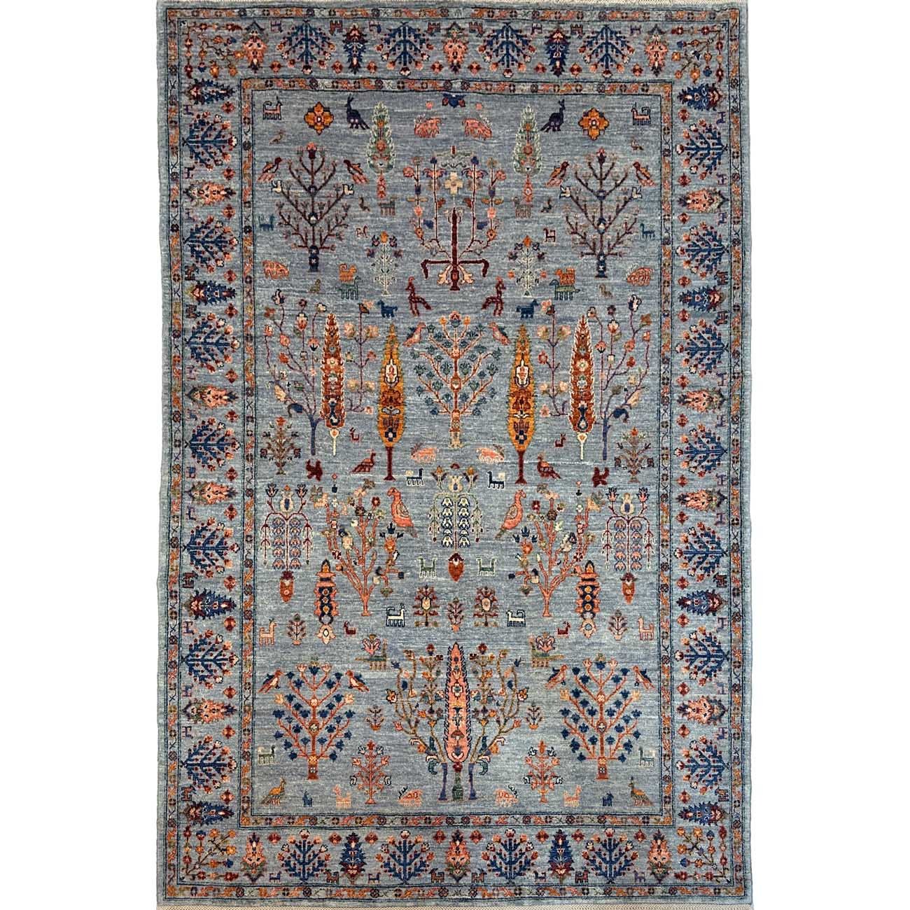 Tapis tribal afghan en laine tissé à la main, motif d'arbres bleus (185 x 270 cm)