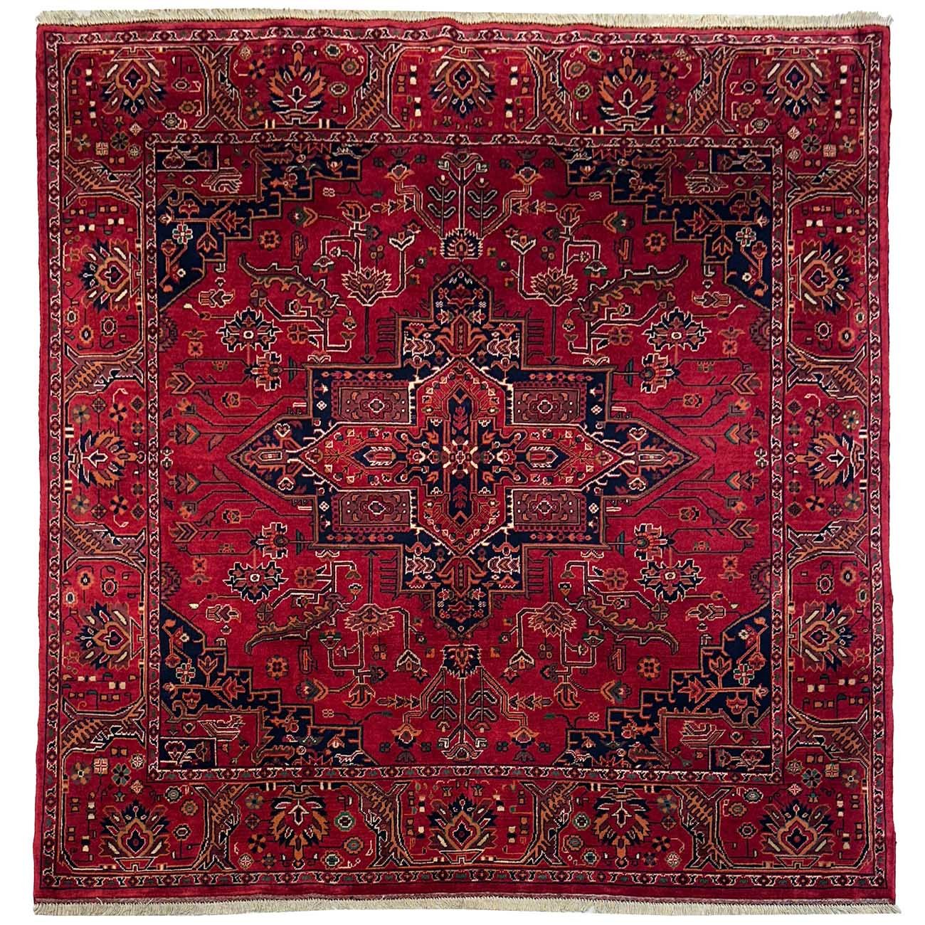 Hand-Woven Afghan Heriz Medallion Square Wool Rug (180x185 cm)