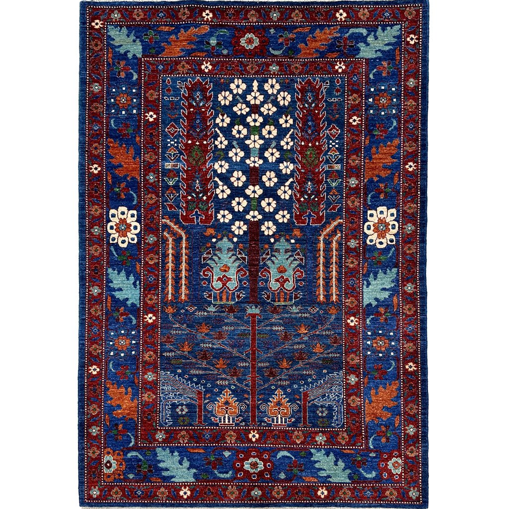 Tapis tribal afghan en laine tissé à la main, motif d'arbre bleu (155 x 240 cm)