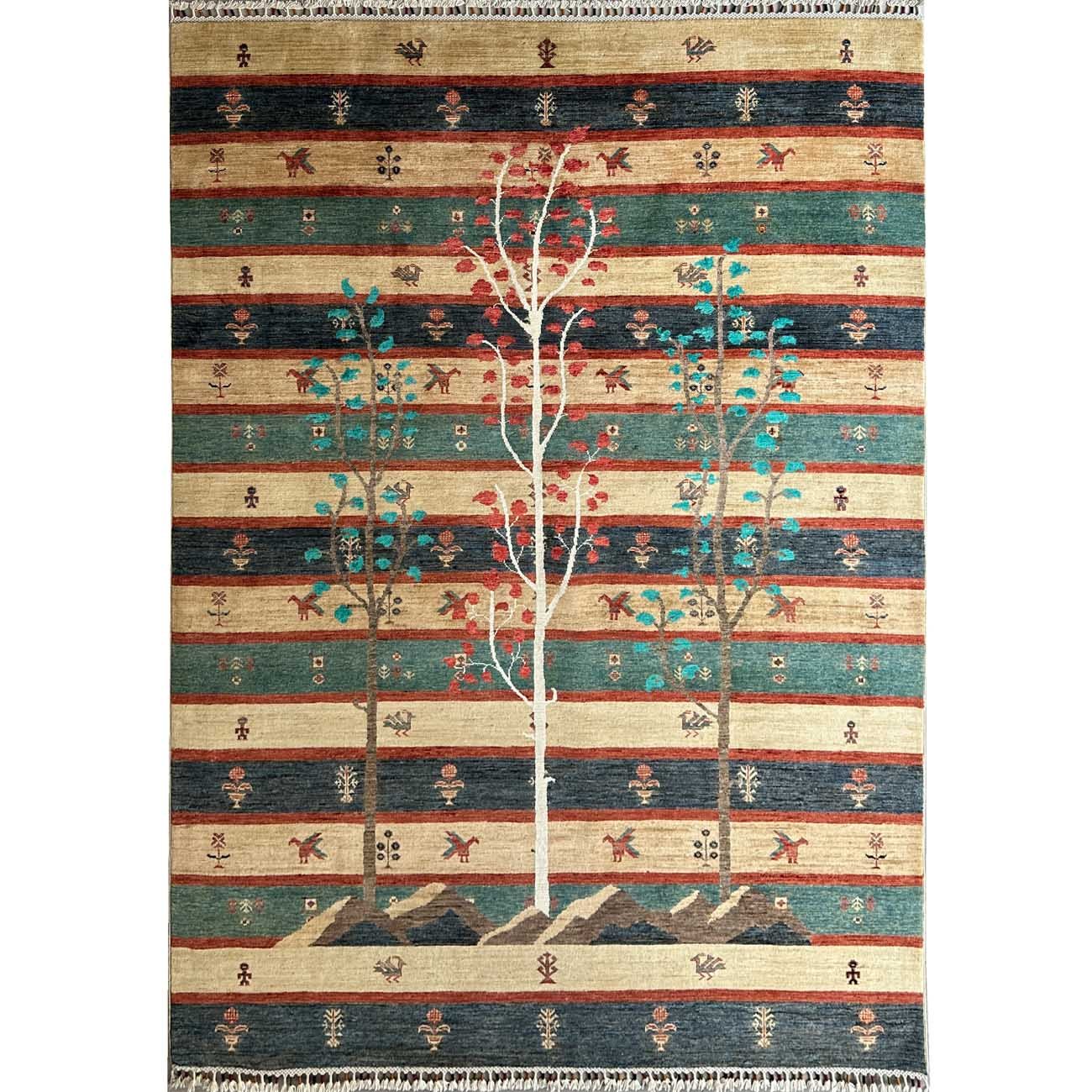 Tapis tribal en laine tissé à la main, motif d'arbres (170 x 225 cm)