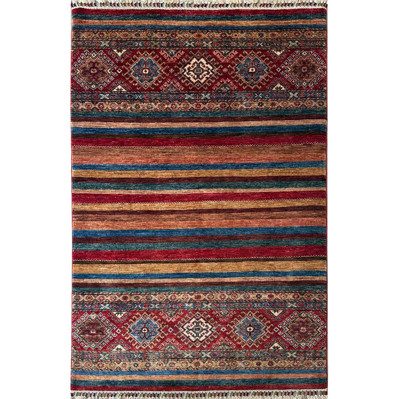 Tapis tribal en laine Khorjin à rayures, tissé à la main (125 x 180 cm)