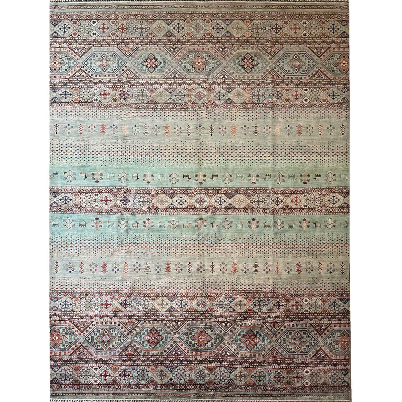 Tapis tribal en laine Khorjin bleu, tissé à la main (245 x 370 cm)