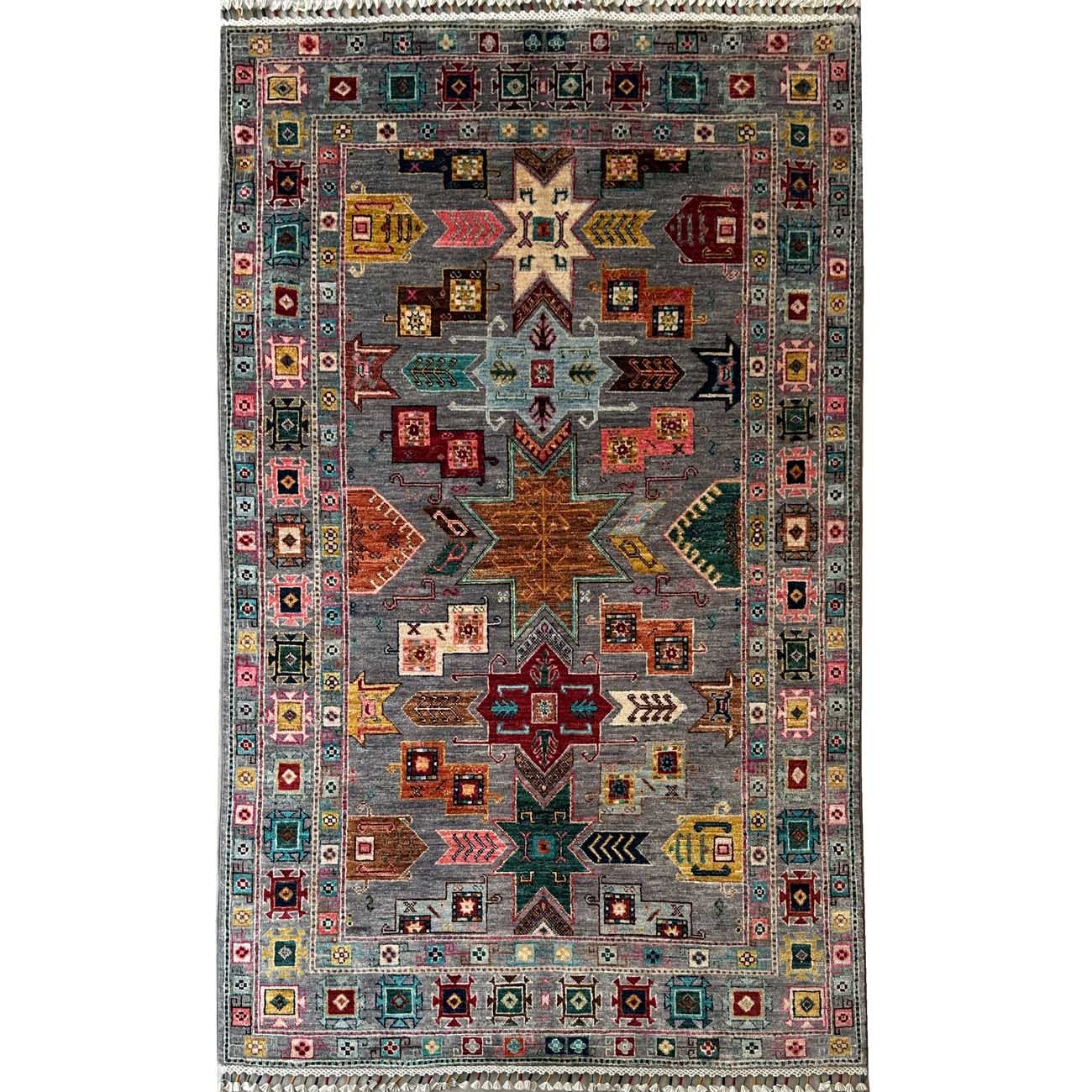 Tapis tribal turkmène en laine multicolore, tissé à la main (120 x 200 cm)