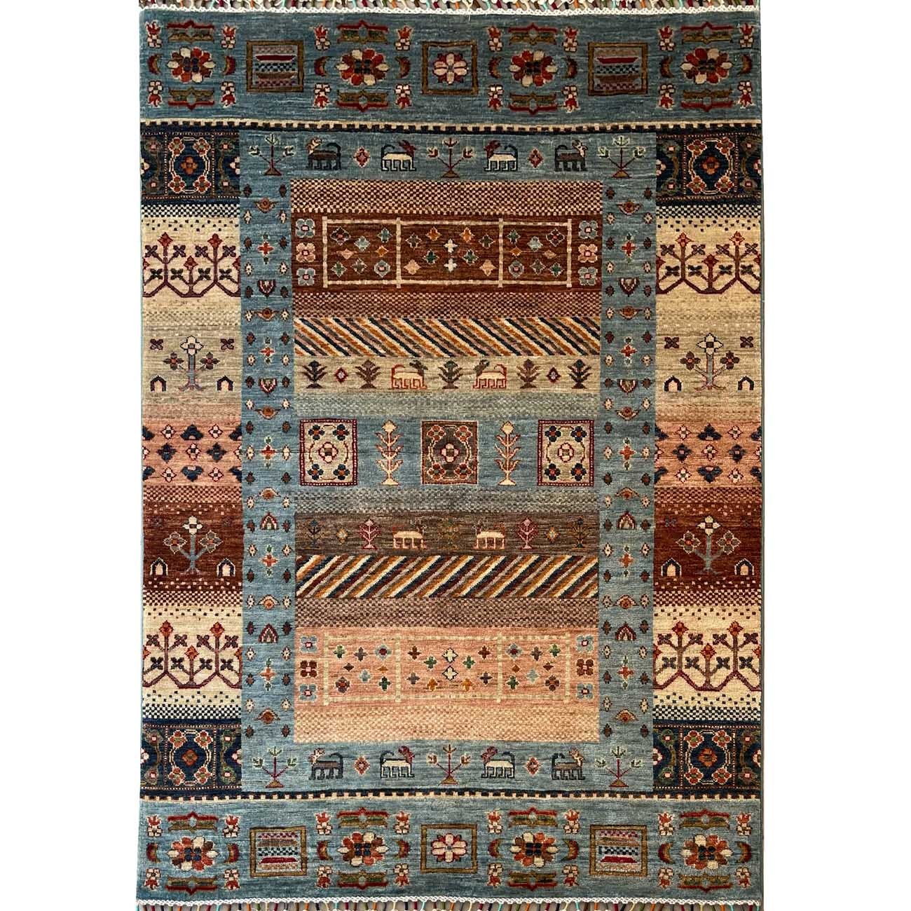 Tapis tribal bohémien en laine, tissé à la main, à motifs figuratifs (120 x 180 cm)