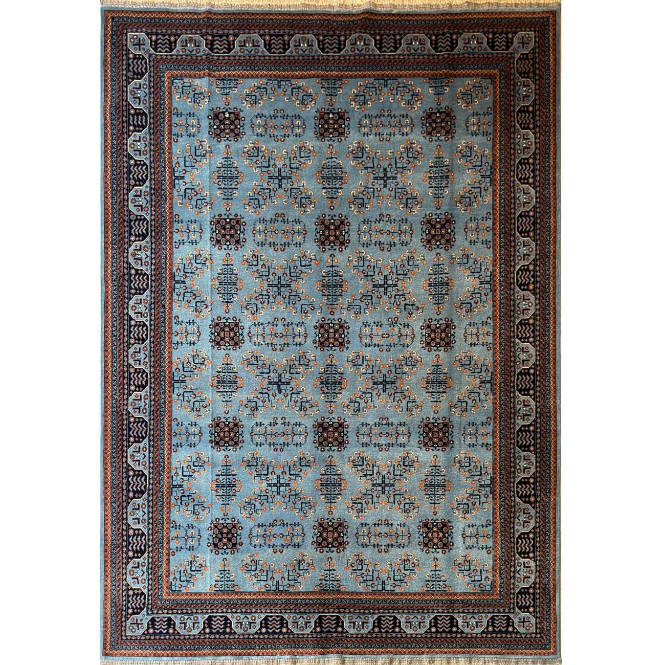Tapis afghan bleu en laine de Bilicik, tissé à la main (210 x 300 cm)