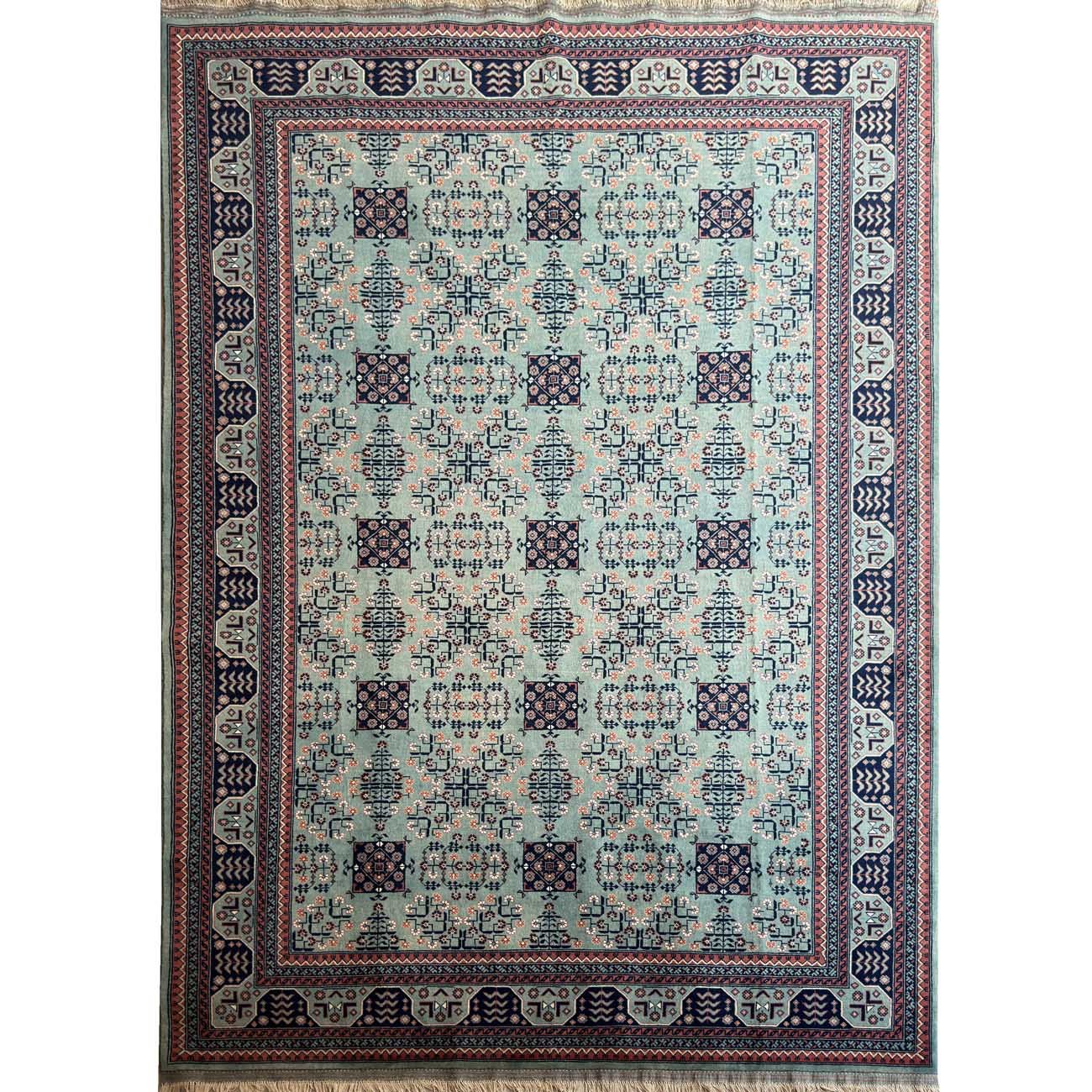Tapis en laine turkmène bleue tissé à la main (205 x 300 cm)