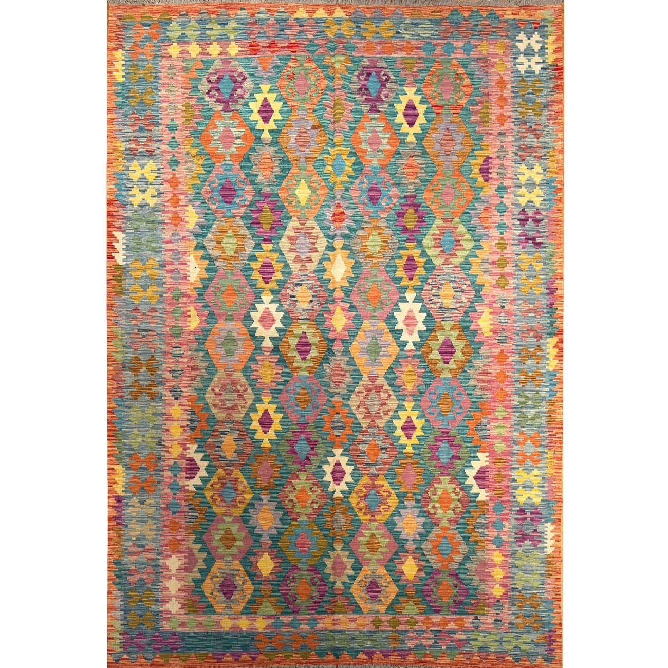 Kilim en laine tissé à la main, aux motifs anatoliens (195 x 300 cm)