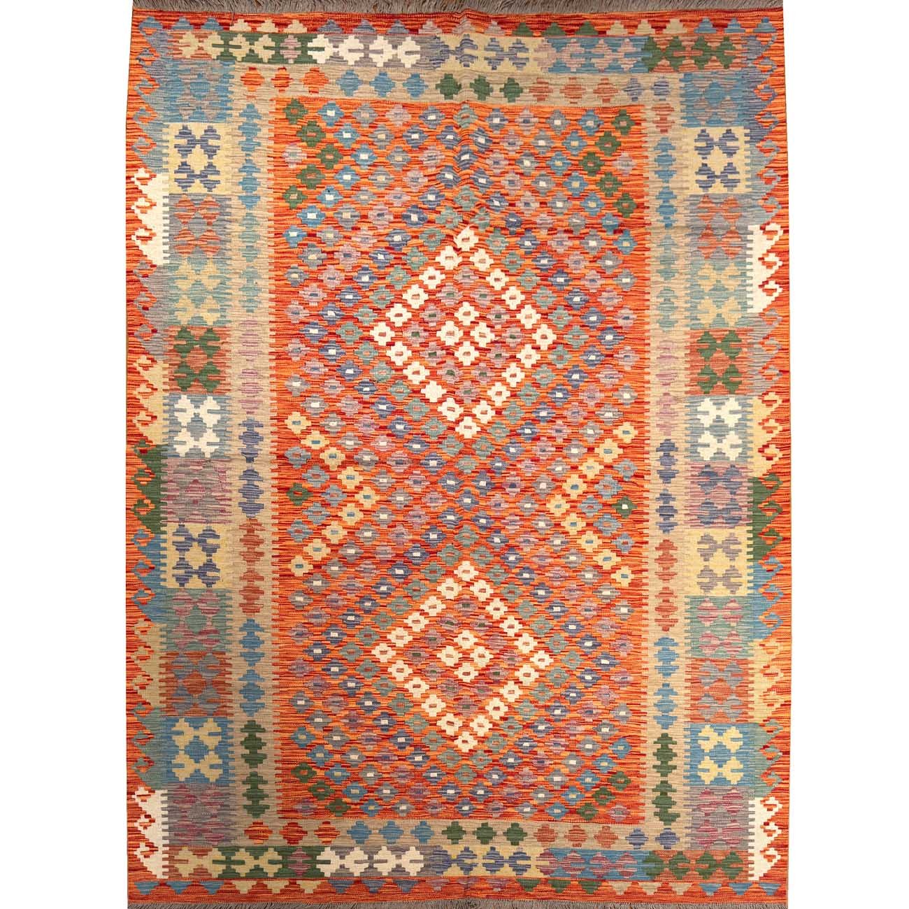 Kilim en laine tissé à la main, motif anatolien orange (205 x 290 cm)