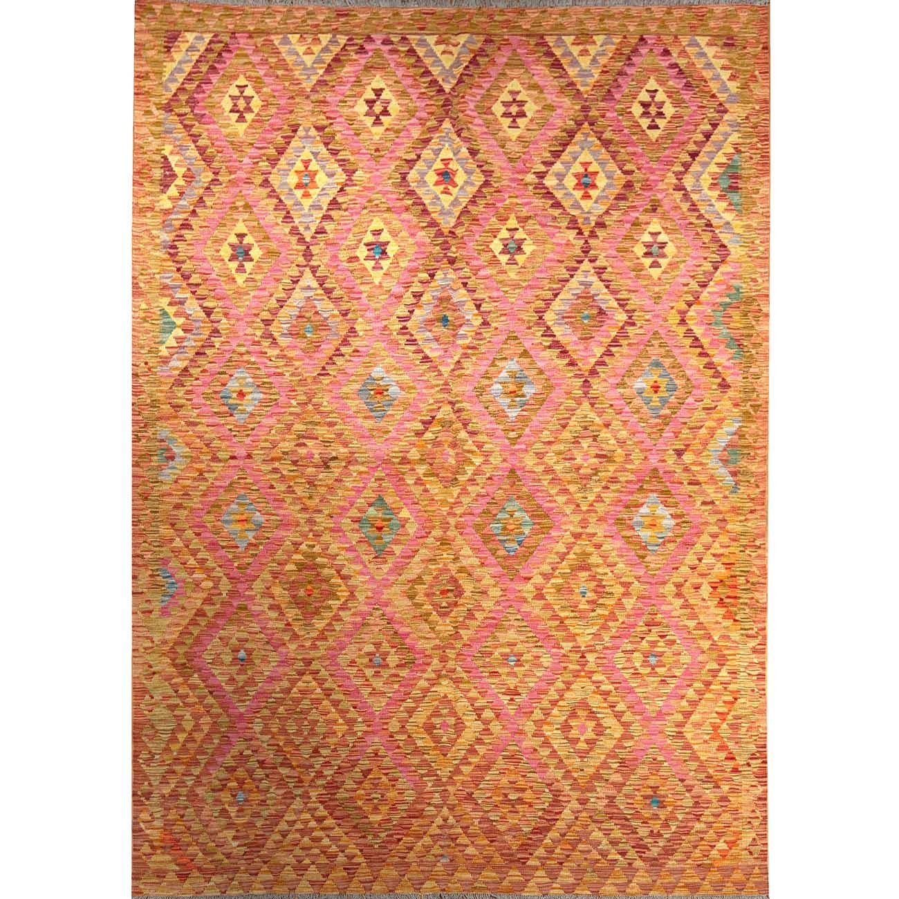 Kilim en laine tissé à la main, aux motifs anatoliens (200 x 295 cm)