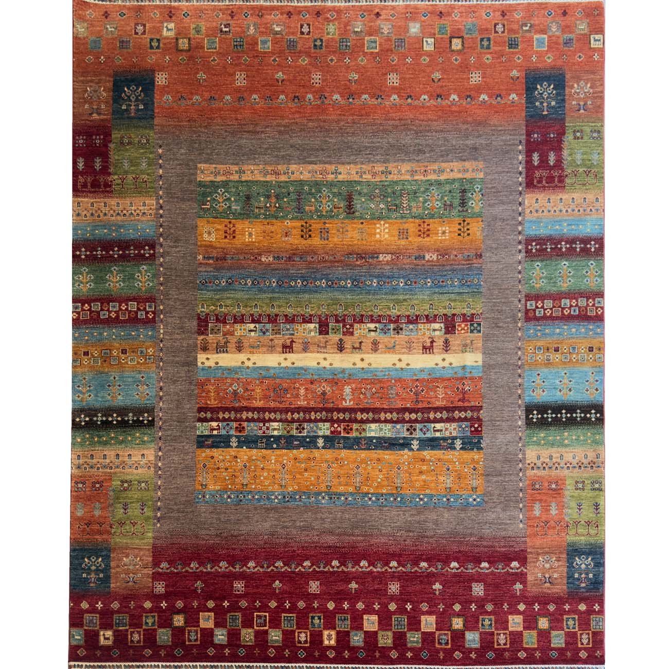 Tapis tribal en laine tissé à la main avec motifs figuratifs (250 x 305 cm)