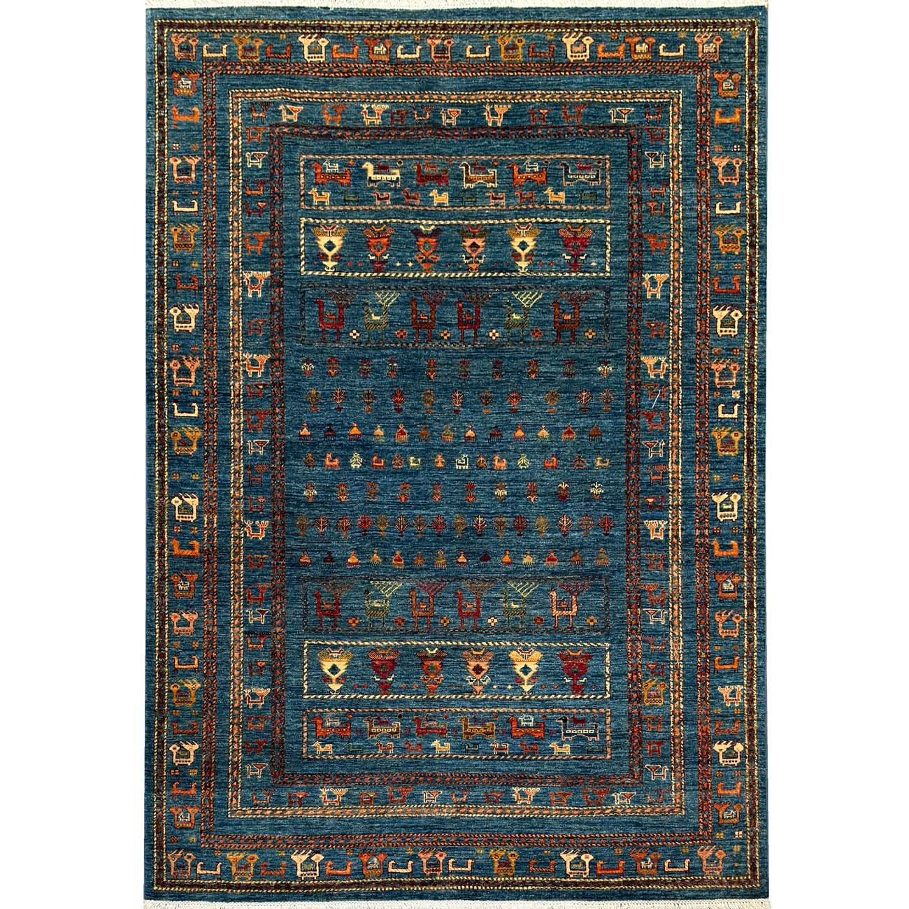 Tapis tribal afghan en laine, tissé à la main, bleu, à motifs figuratifs (170 x 245 cm)