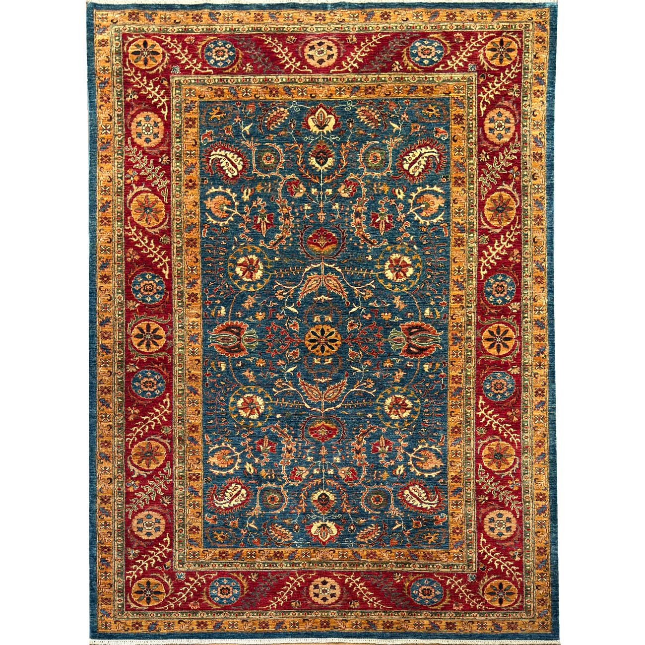 Tapis en laine Oushak à motifs floraux bleus, tissé à la main (210 x 310 cm)