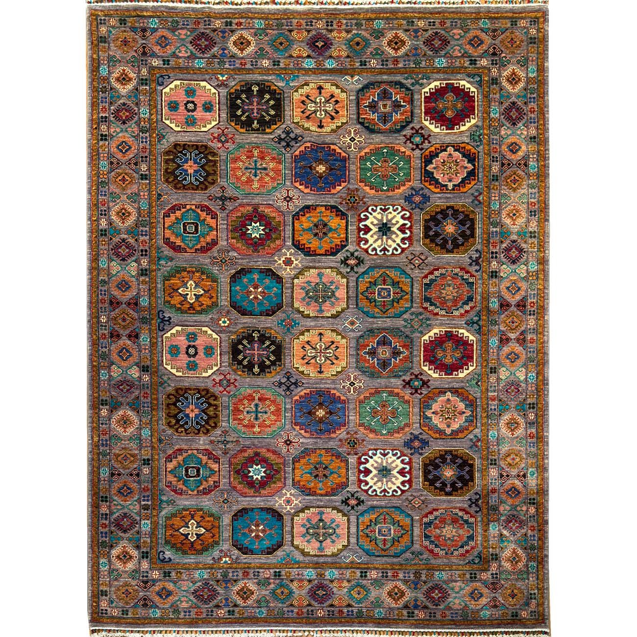 Tapis en laine turkmène Ersari gris, tissé à la main (210 x 295 cm)