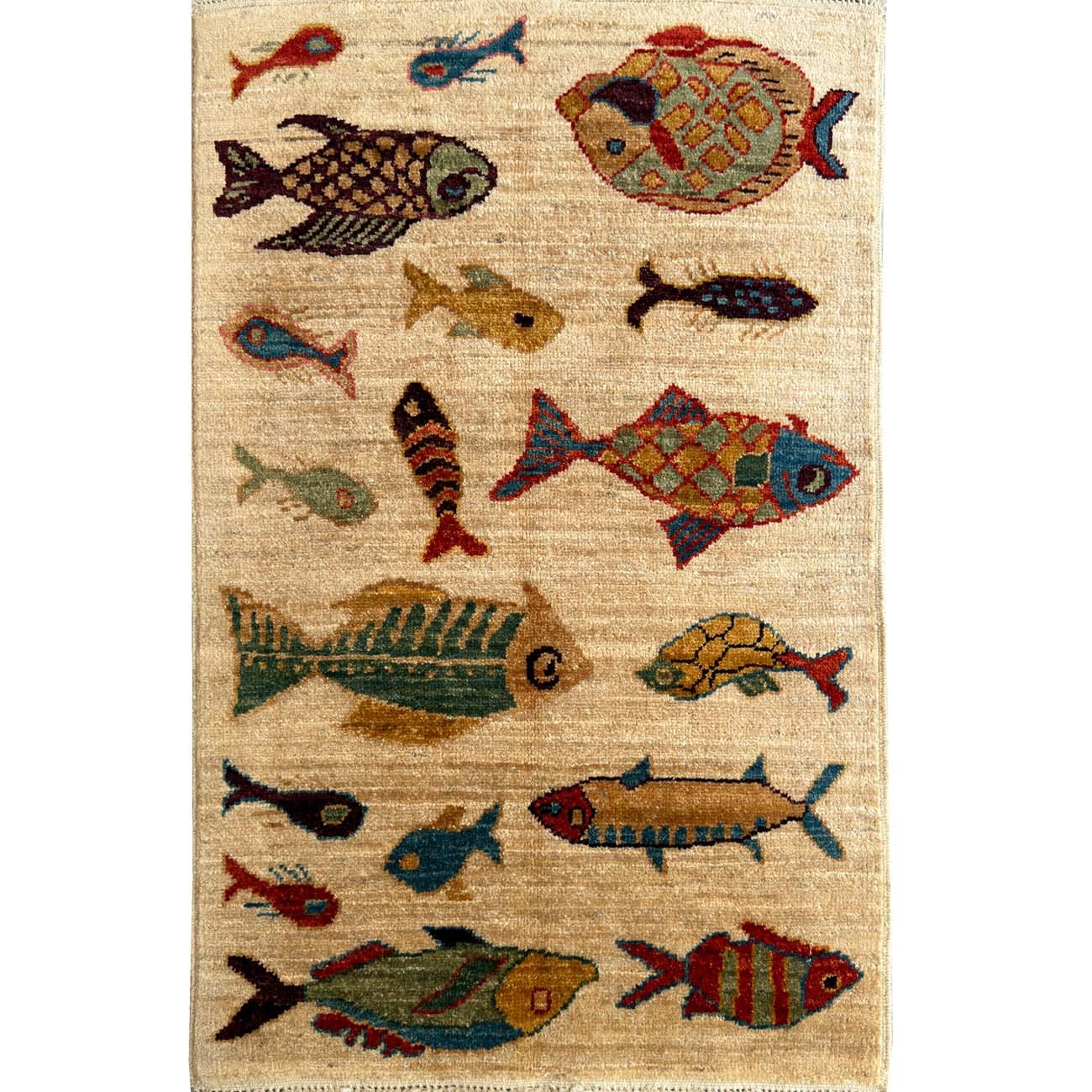 Hand-Woven Fish Patterned Tribal Wool Rug (60x90 cm)