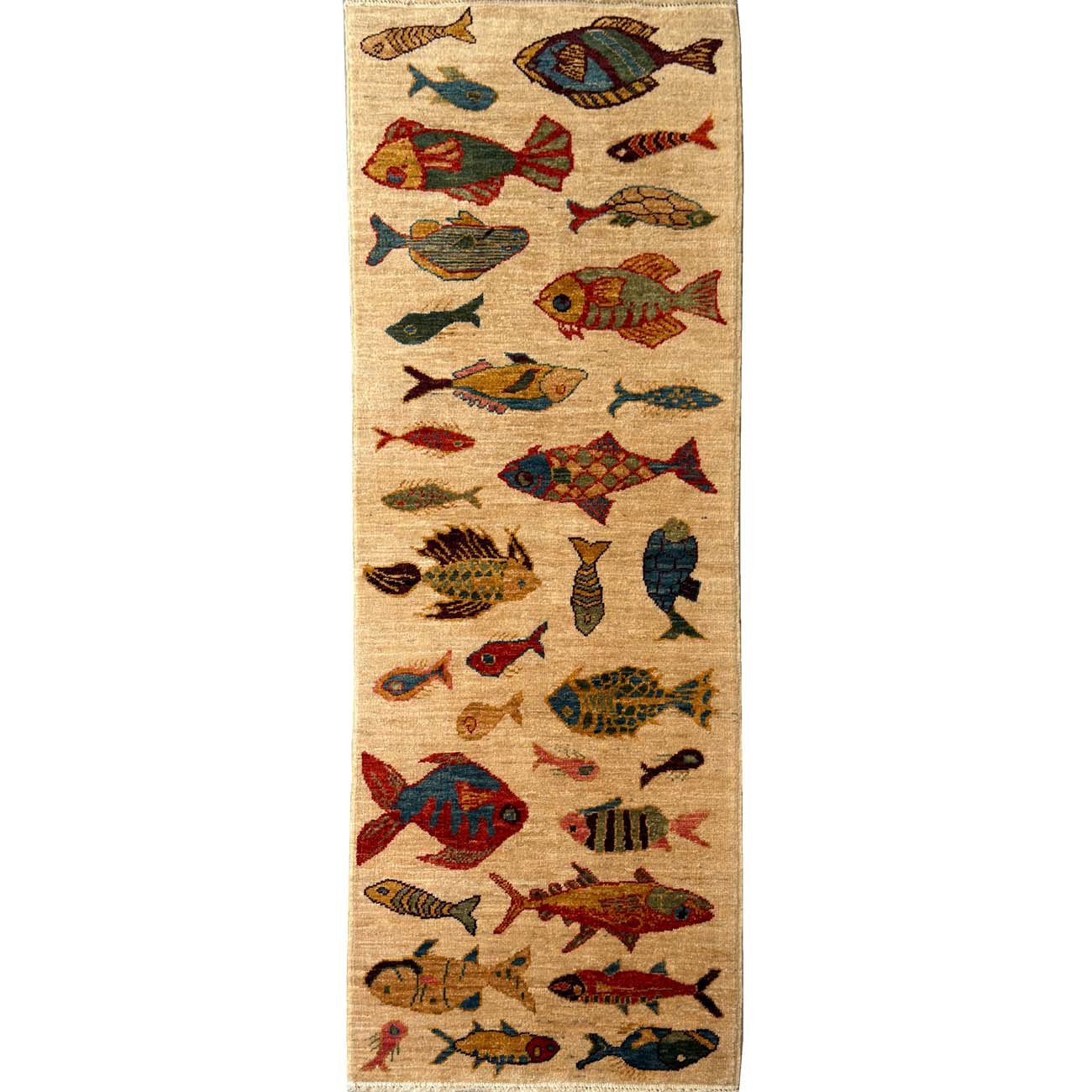 Hand-Woven Fish Patterned Tribal Wool Rug (65x175 cm)