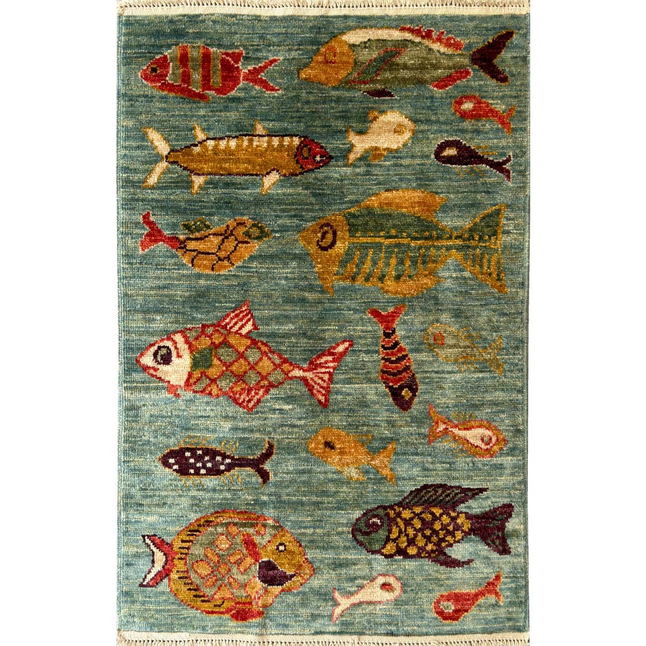 Hand-Woven Fish Patterned Tribal Wool Rug (60x90 cm)