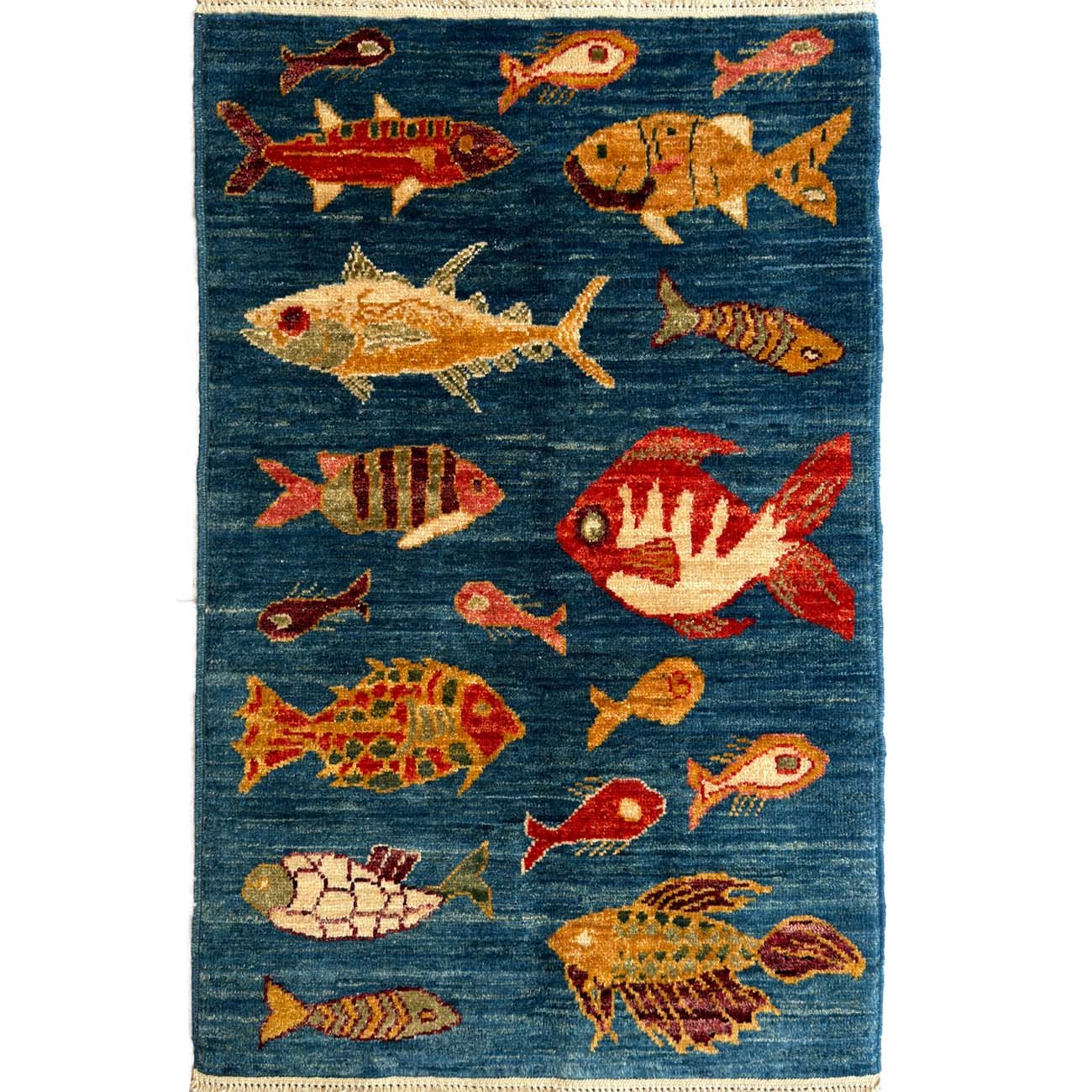 Hand-Woven Fish Patterned Tribal Wool Rug (60x95 cm)