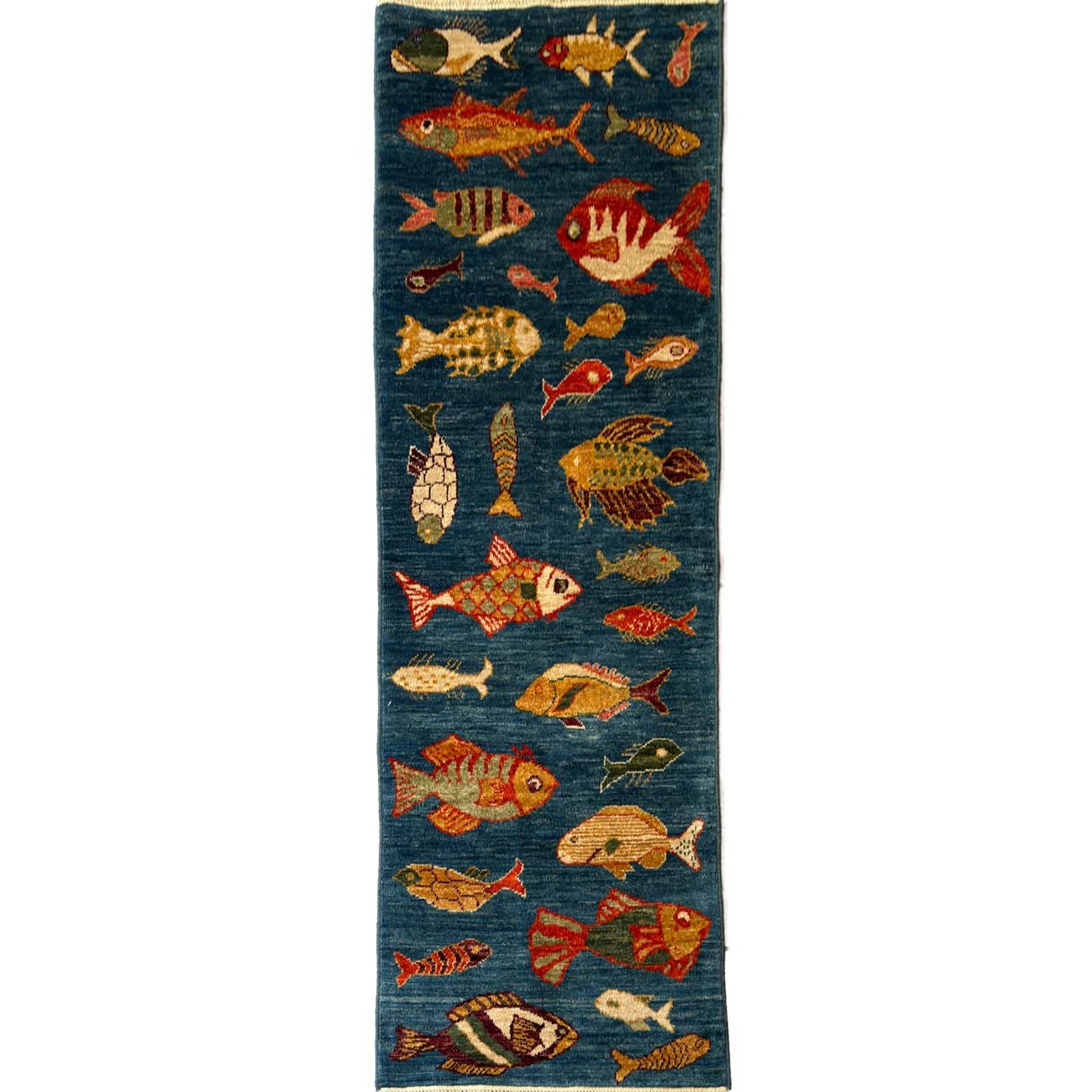 Hand-Woven Fish Patterned Tribal Wool Rug (60x180 cm)